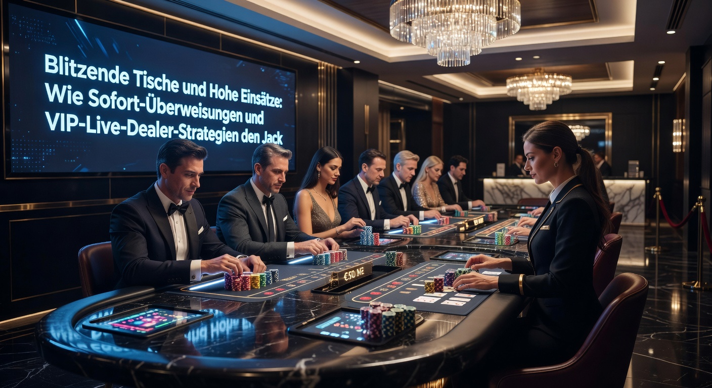 High-Stakes-Spieler am VIP-Live-Tisch mit Sofort-Überweisung-Bestätigung auf dem Screen, Jackpot-Zähler im Vordergrund