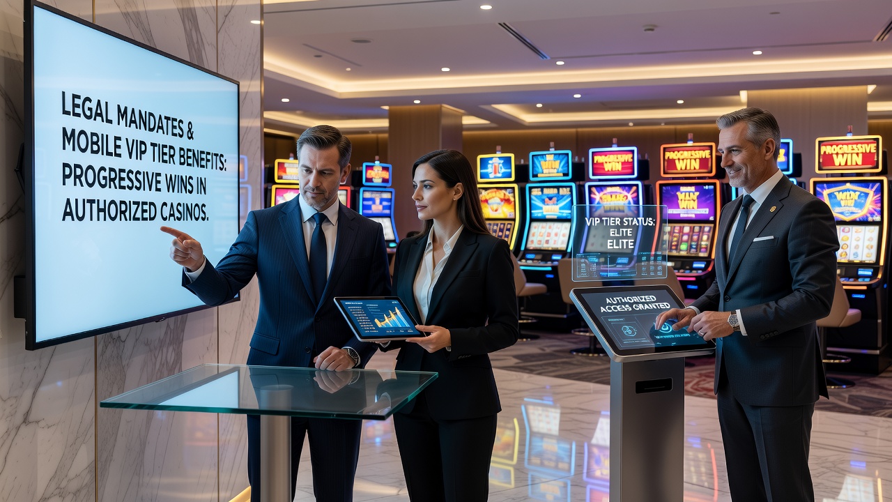 Illustration der regulatorischen Schnittstellen in mobilen Casino-Umgebungen mit Fokus auf VIP-Vorteile und progressive Spiele